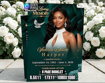Green Funeral Program Template Canva, Celebration of Life Memorial Booklet, Editable 8 Page Printable