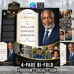 Può includere: Un pacchetto di modelli per programma funebre con un ritratto di William Edward Johnson, dettagli oro e neri, e il testo In Loving Memory of William Edward Johnson, 12 maggio 1950 – 28 aprile 2024, formati orizzontali 27,9x21,6 cm e 43,2x27,9 cm.