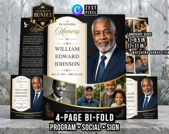 Memorial Service Program Template, 4 Page Funeral Bifold Bundle, Canva Editable