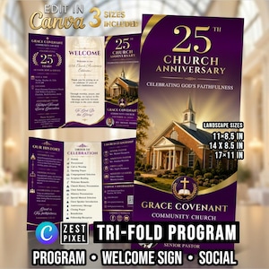 Puede incluir: Una plantilla de programa de iglesia tríptico en morado oscuro y dorado con el texto 25th Church Anniversary Celebrating God's Faithfulness, una imagen de una iglesia de ladrillo y secciones para historia, liderazgo y orden de celebración.