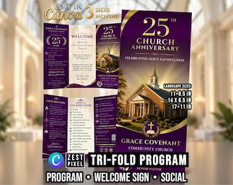 Church Celebration Program Template, Purple Gold Editable Canva Trifold and Welcome Sign