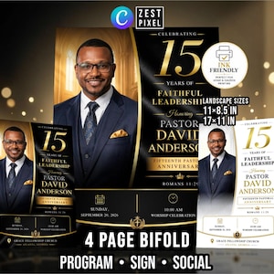 May include: A digital flyer template set for a 15th pastoral anniversary featuring a portrait of a man in a suit. Text includes Celebrating 15 Years of Faithful Leadership Honoring Pastor David Anderson, Sunday September 20 2026, 10:00 AM, 11x8.5 in, 17x11 in.