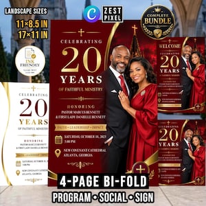 May include: A digital flyer template for a 20th anniversary ministry celebration featuring a man in a suit and a woman in a red dress. The text reads Celebrating 20 Years of Faithful Ministry, Honoring Pastor Marcus Bennett and First Lady Danielle Bennett, Saturday, October 18, 2025, 5:00 PM, New Covenant Cathedral, Atlanta, Georgia.
