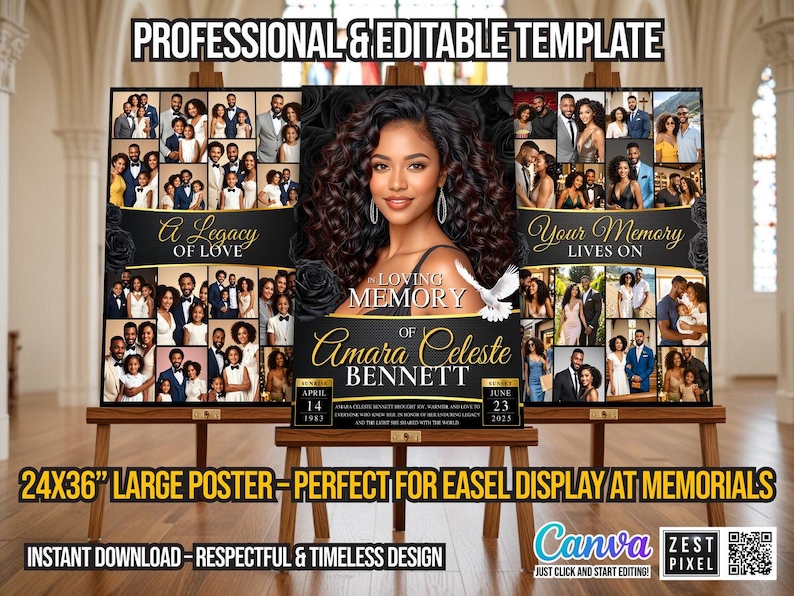 Large obituary poster collage design for memorial service welcome sign