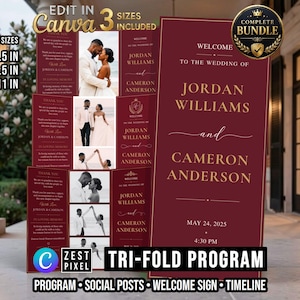 Könnte beinhalten: Eine dreifach gefaltete Hochzeits-Programmvorlage in Burgunderrot und Gold mit dem Text Welcome to the wedding of Jordan Williams and Cameron Anderson am 24. Mai 2025 um 16:30 Uhr. Das Design enthält Fotoplatzhalter und Text für die Querformate 28x22cm, 36x22cm und 43x28cm.
