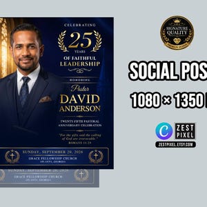 Printable pastor anniversary program design with 4 page bifold layout for ministry celebration events.