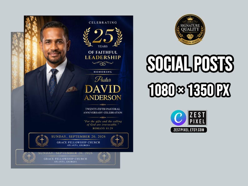 Printable pastor anniversary program design with 4 page bifold layout for ministry celebration events.
