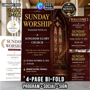 Op de afbeelding: Een digitaal kerkprogramma-pakket met een donkerrood en goud ontwerp met een glas-in-loodraam-afbeelding. De tekst bevat Sunday Worship, Kingdom Glory Church, 18 oktober 2026, 10:30 uur en Bishop Daniel Thomas. Inclusief formaten van 27,9x21,6 en 43,2x27,9 cm.