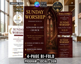 Sunday Service Program Template, Church Worship Bulletin, Editable Canva Church Bundle