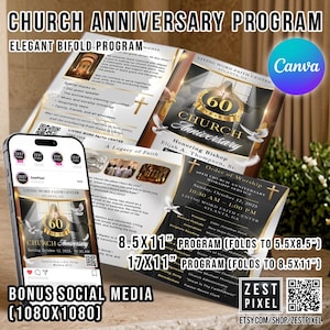 Puede incluir: Un elegante programa de aniversario de la iglesia con el texto "Church Anniversary Program" y "Elegant Bifold Program". El diseño incluye una combinación de colores dorados y negros, con un teléfono inteligente que muestra una publicación en redes sociales. Disponible en tamaños de 21,6 x 27,9 cm y 43,2 x 27,9 cm.