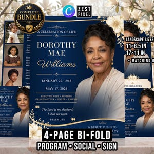 Può includere: Modello di programma funebre in blu scuro e oro con il nome Dorothy Mae Williams, le date 22 gennaio 1943 - 17 maggio 2024 e decorazioni floreali. Include un programma pieghevole a 4 pagine, grafiche per social media e cartelli da 28x22cm o 43x28cm.