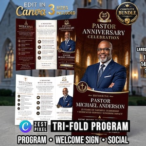May include: A tri-fold program and signage bundle for a Pastor Anniversary Celebration featuring a portrait of Pastor Michael Anderson in a navy suit. The design uses deep burgundy and gold accents with text detailing the event schedule, ministry highlights, and 25 years of service. Includes landscape sizes of 11x8.5 inches, 14x8.5 inches, and 17x11 inches.