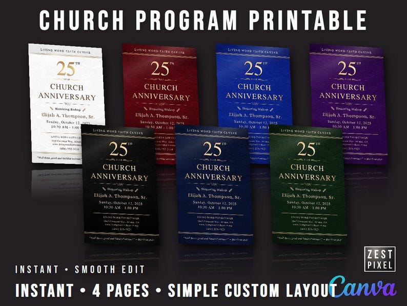 Church Anniversary Template | Editable Worship Bulletin Canva | 4 Page ...