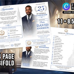 Pastor anniversary template mockup showcasing rich blue tones, luxury accents, and professional church branding.