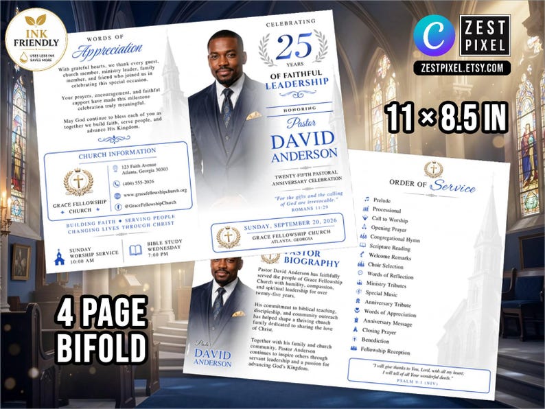 Pastor anniversary template mockup showcasing rich blue tones, luxury accents, and professional church branding.