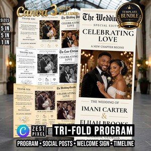 May include: A tri-fold wedding program template featuring a cream background with black text. The design includes a photograph of a couple, the title Celebrating Love, and the names Imani Carter and Elijah Brooks. It lists landscape sizes 11x8.5 in, 14x8.5 in, and 17x11 in.