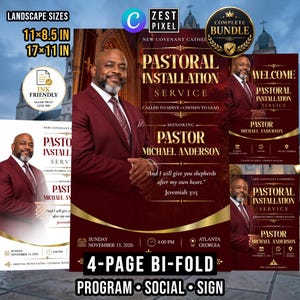 Pastoral Installation Program, Burgundy Red Gold Church Bifold Template, Editable Canva Bundle