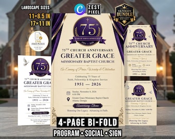 Purple Church Anniversary Program | Bi Fold Bulletin, Social Post and Welcome Sign