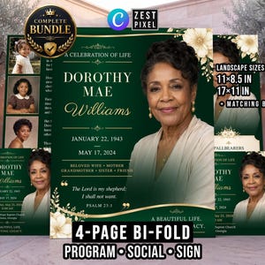 May include: A funeral programme template bundle featuring a deep green background with gold floral accents and text. The design includes a portrait of a woman, the name Dorothy Mae Williams, dates 22 January 1943 to 17 May 2024, and Psalm 23:1.