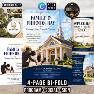 May include: A digital flyer bundle for New Hope Baptist Church Family & Friends Day featuring a church building, text including Psalm 133:1, Sunday October 18, 2026, 10:30 AM, Rev. Michael Anderson, and landscape sizes 11x8.5 inches and 17x11 inches.
