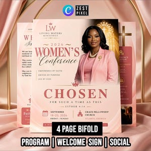 以下が含まれることがあります： 「Chosen For Such A Time As This」と題された2026年女性会議の4ページ折りたたみプログラム。このチラシは淡いピンクの配色で、ピンクのブレザーを着た女性の写真と、2026年9月18日から20日に開催されるイベントの詳細が記載されています。
