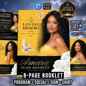 8 Page Funeral Program Template, Gold Memorial Booklet, Celebration of Life Canva Bundle
