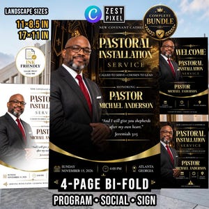 Puede incluir: Una plantilla de folleto digital para un servicio de instalación pastoral en honor al Pastor Michael Anderson. El diseño presenta el retrato de un hombre con traje, texto dorado sobre fondo negro, y detalles para el 15 de noviembre de 2026 a las 16:00 en Atlanta, Georgia, con tamaños horizontales de 27,9x21,6 cm y 43,2x27,9 cm.