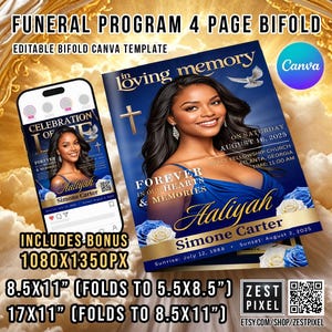 Modelo de programa funerário editável: obituário em azul e dourado, cerimônia memorial (Canva, download digital)