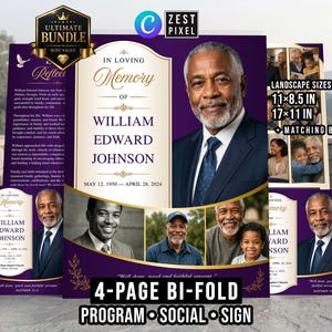 Peut inclure: Un ensemble de modèles de programme funéraire avec un schéma de couleurs violet foncé et crème. Le design comprend le portrait d'un homme âgé, le texte In Loving Memory of William Edward Johnson et plusieurs emplacements photo pour les souvenirs.