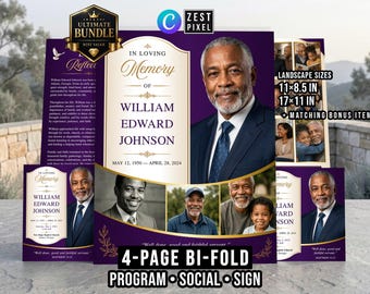 Funeral Program Template, 4 Page Bifold Memorial Bundle, Canva Editable, Welcome Sign