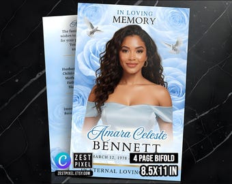 Blue Funeral Program Template, Celebration of Life Bifold Booklet (8.5x11), Canva Editable (Digital Download)