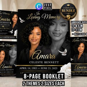 Black Gold Funeral Program Template, 8 Page Memorial Booklet, Celebration of Life Canva Bundle