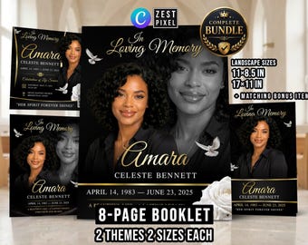 Black Gold Funeral Program Template, 8 Page Memorial Booklet, Celebration of Life Canva Bundle
