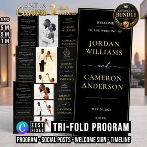 May include: A black and gold tri-fold wedding program template bundle featuring the text Welcome to the wedding of Jordan Williams and Cameron Anderson, May 24, 2025, 4:30 PM. Includes landscape sizes 11x8.5 inches, 14x8.5 inches, and 17x11 inches.