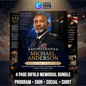 Può includere: Un set commemorativo pieghevole di 4 pagine con il ritratto di un ufficiale militare in uniforme. Il design include il testo WITH HONOR WE REMEMBER, JONATHAN MICHAEL ANDERSON, e le date APRIL 14, 1960 – MAY 24, 2024, con un'aquila calva.