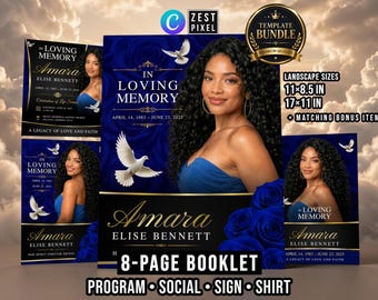 Navy Blue Memorial Program Booklet, Elegant Funeral Canva Template (Digital Download)