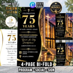 May include: A 75th church anniversary celebration bundle featuring black and gold designs with text reading Celebrating 75 Years of Faith, Service, Legacy, New Covenant Cathedral, and Great Is Thy Faithfulness, with landscape sizes 27.9x21.6 cm and 43.2x27.9 cm.