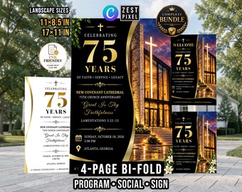 Black Gold Church Anniversary Program, Elegant 4 Page Canva Bifold and Welcome Sign Bundle