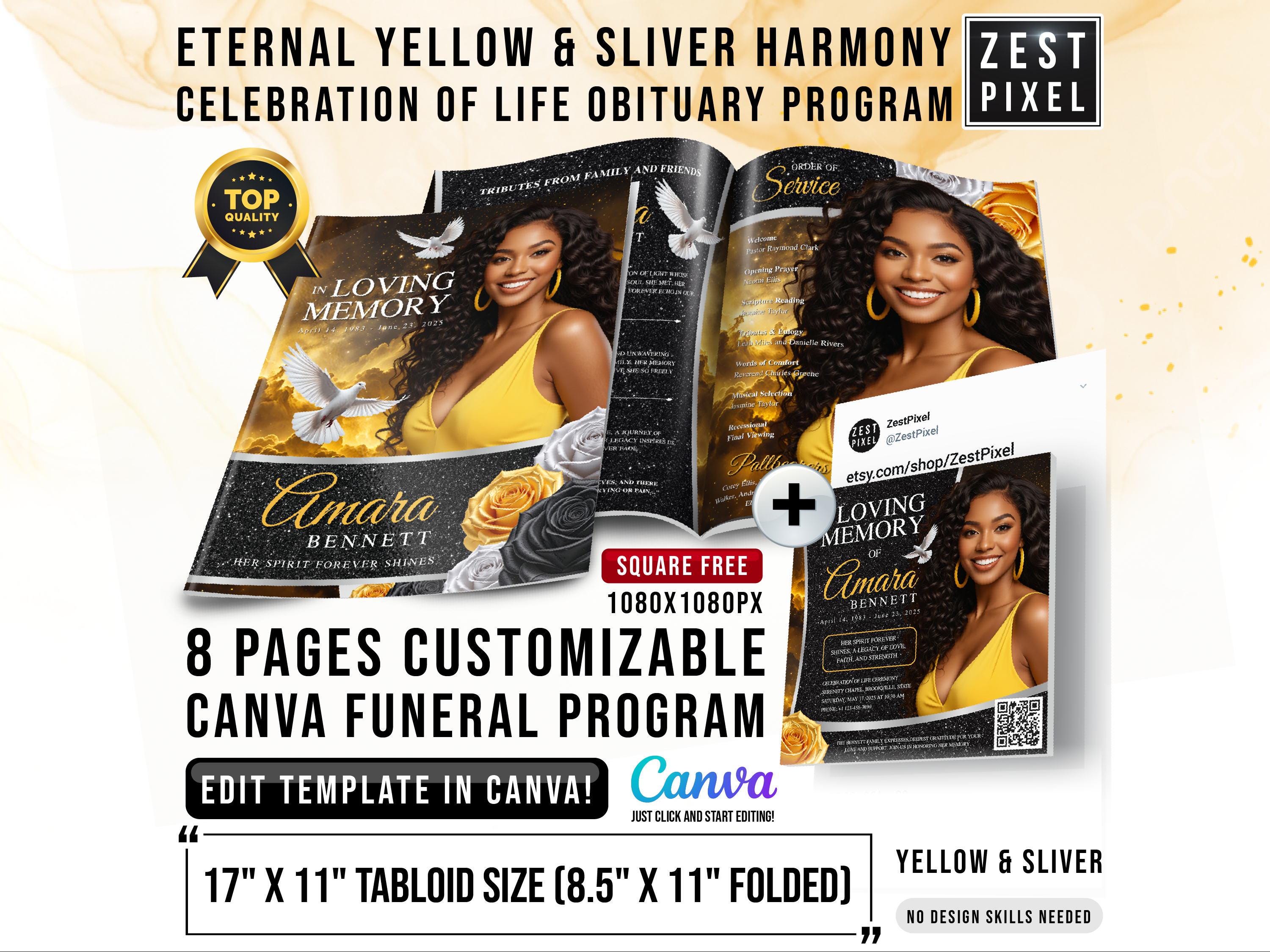Elegant Yellow & Silver Funeral Program Template | 8-Page Canva Obituary Booklet | Celebration of Life | Editable Memorial Service Template