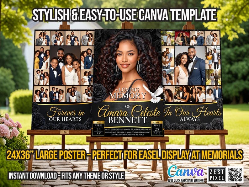 Celebration of life poster collage with customizable photos and names in Canva