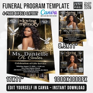 May include: Funeral program template with a 4-page bifold layout. The design features a photo of a woman, doves, and gold accents. Text includes "In Loving Memory" and "Ms. Danielle R. Carter". The dimensions are 17x11 inches, 8.5x11 inches, and 1080x1080px.