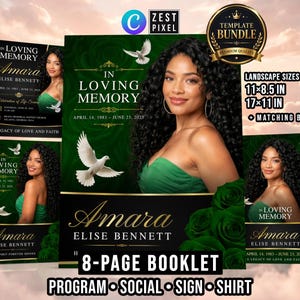 Memorial Program Template, Green Funeral Booklet, Editable Celebration of Life Canva Bundle