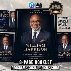 Navy blue Funeral Program Template Canva Editable Memorial Service Booklet 8 Page Obituary Program