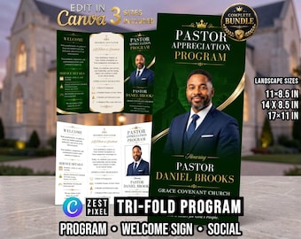 Pastor Anniversary Program Template, Green Gold Tri Fold Church Program, Editable Canva