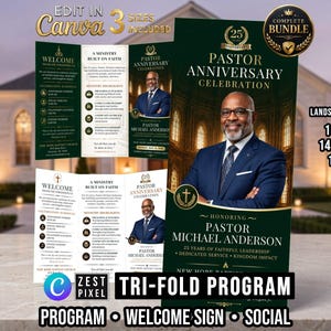 May include: A tri-fold program template for a pastor anniversary celebration featuring a dark green and gold color scheme. The design includes a portrait of a man in a suit, text detailing ministry highlights, and dimensions of 11x8.5, 14x8.5, and 17x11 inches.