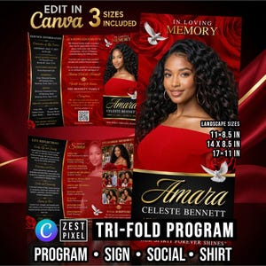 Trifold Funeral Program Template Bundle, Red Rose Editable Canva Memorial, Celebration of Life Set