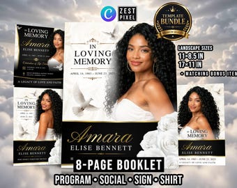 Obituary 8 page Program Template, White Funeral Booklet, Editable Memorial Canva Bundle