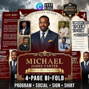 May include: A funeral program template featuring a deep red and gold design with the text In Loving Memory and Michael James Carter. The layout includes multiple portrait photos of a man in a suit, white doves, and text indicating 11x8.5 in and 17x11 in sizes.