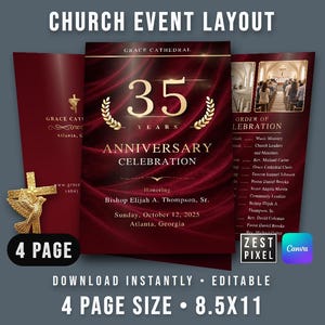 Church Anniversary Program Canva Editable, Sunday Worship Bulletin, Church Service Event Layout Template