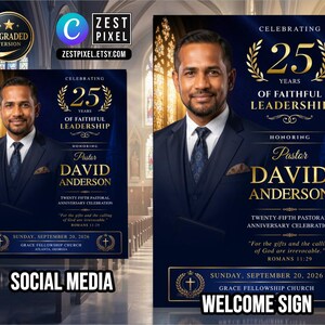 Editable church program template with portrait photography, gold wreath graphics, and anniversary wording.
